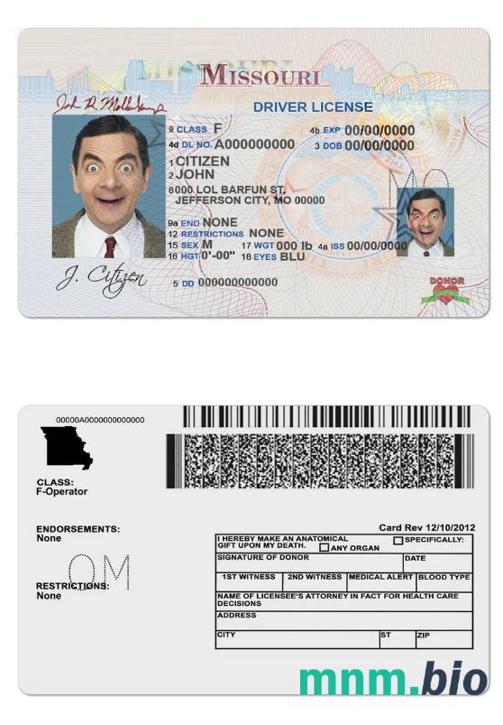 Szablon prawa jazdy USA Missouri w formacie PSD, ze wszystkimi czcionkami